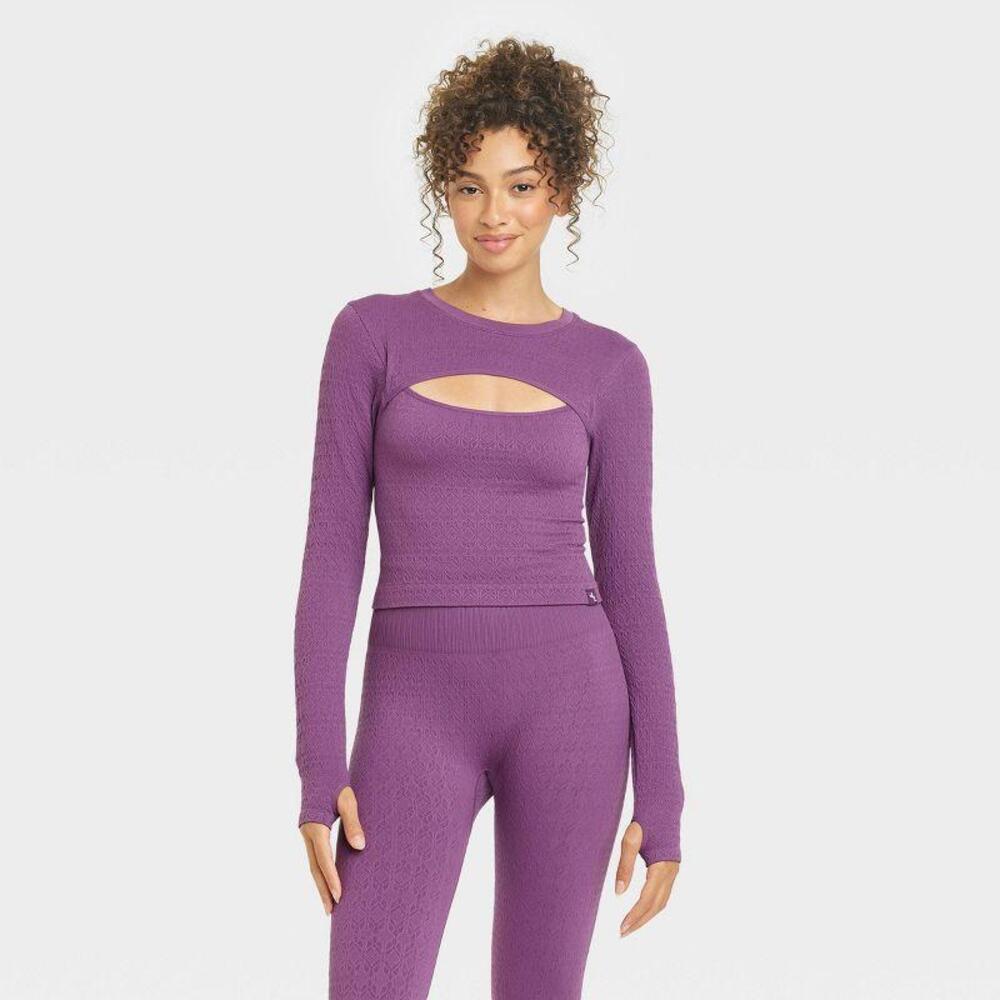 JOYLAB Textured Seamless Long Sleeve Activewear Top Purple Yoga Womens Large